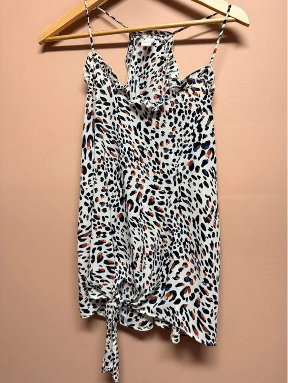 CY Fashion Multicolor Animal Print Cami Tank Top Ruffle Neck & Tie Hem